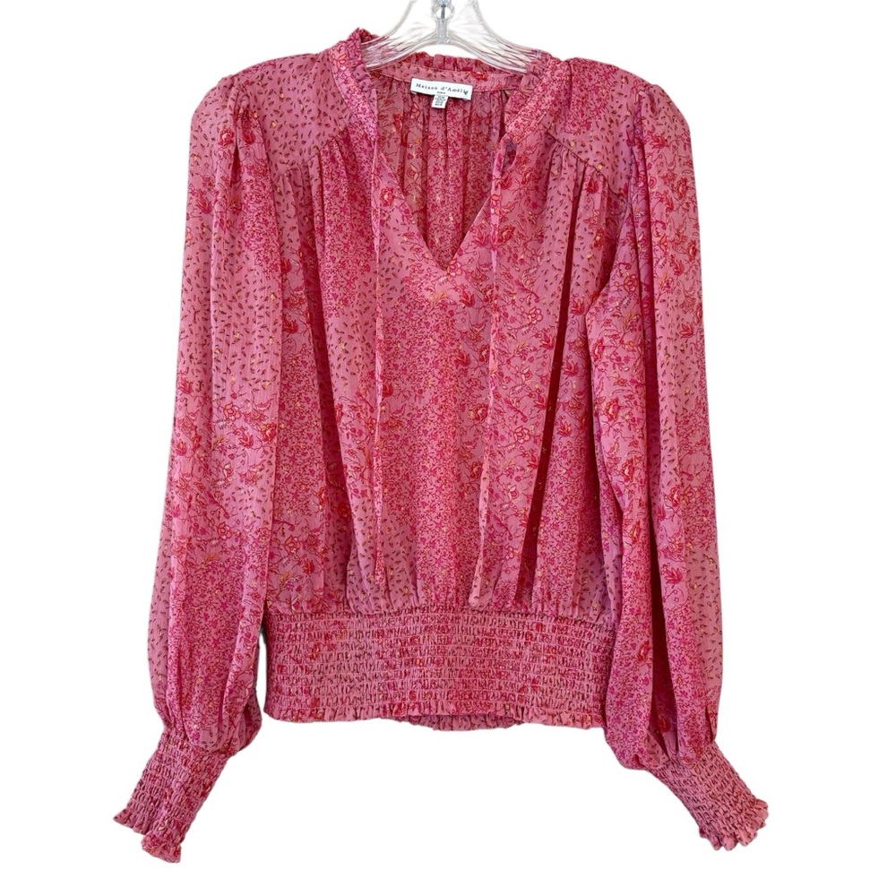 Maison d’Amelie Floral Pink Sheer Blouse with Smocked Details Medium